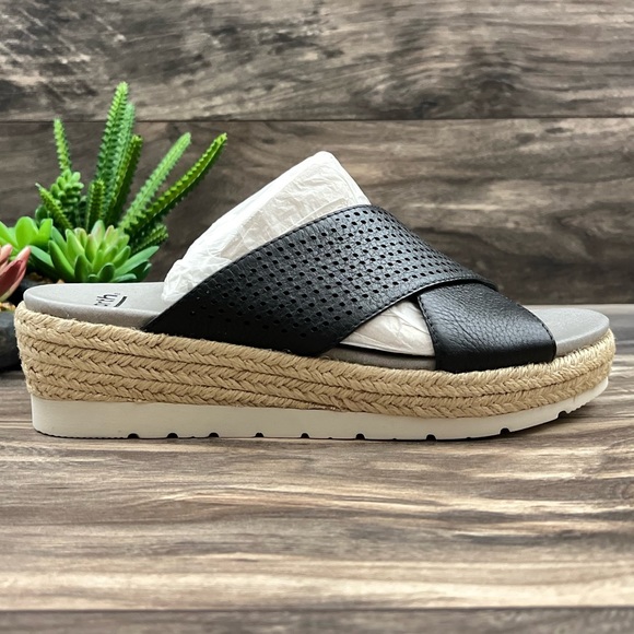 Earth Modena Marigold Espadrille Platform Wedge Slide Sandal 8.5M Black Leather - Picture 6 of 11